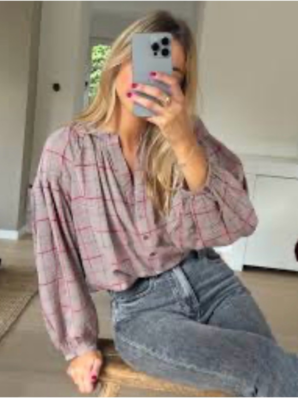 Plaid Button-Front Blouse - wine